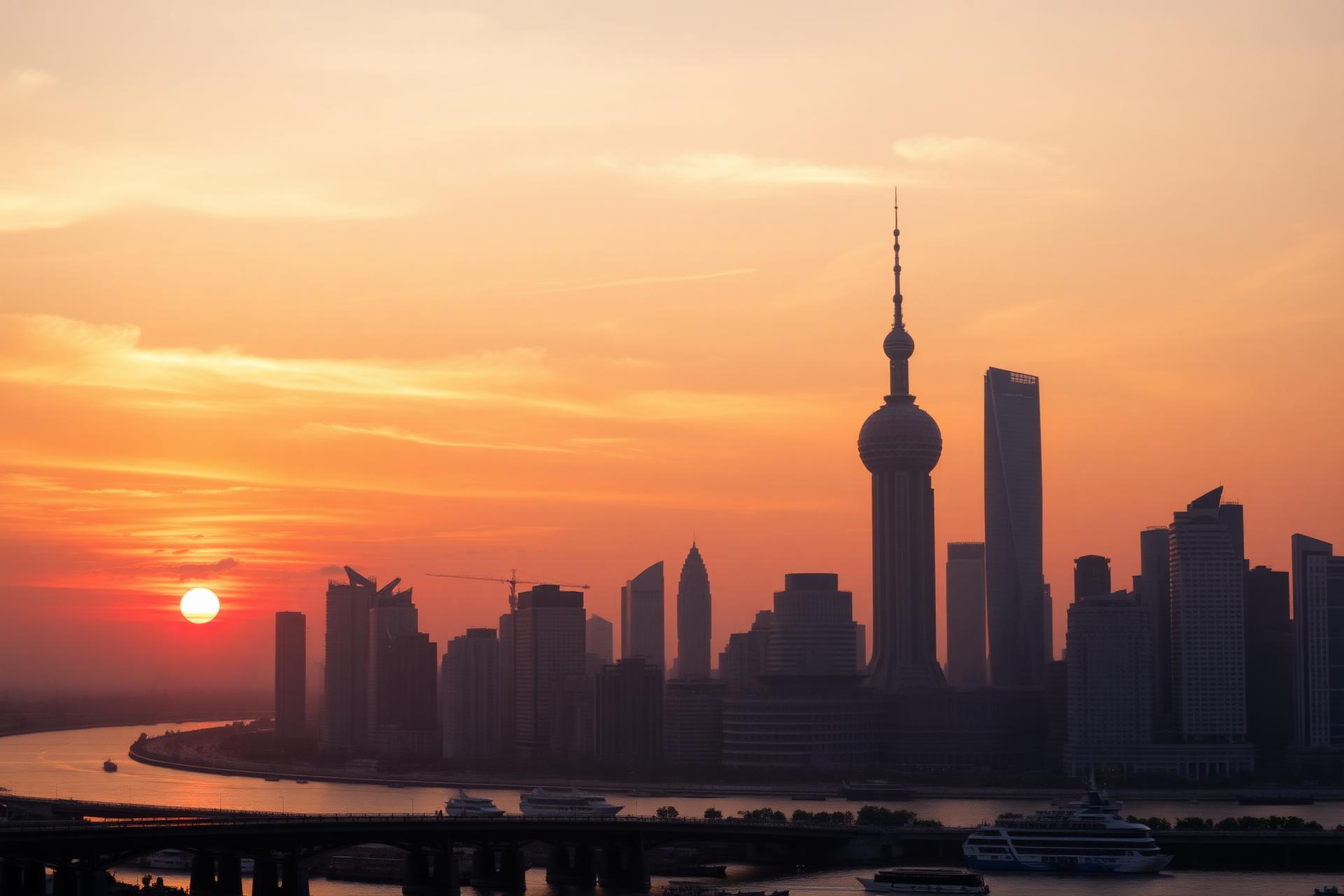 Shanghai skyline bij zonsondergang